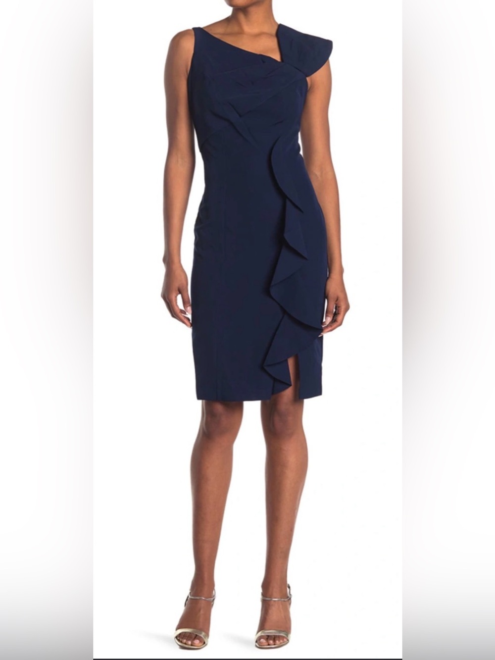 Marina Navy Asymmetrical Sheath Ruffle Dress Size 6 NWT